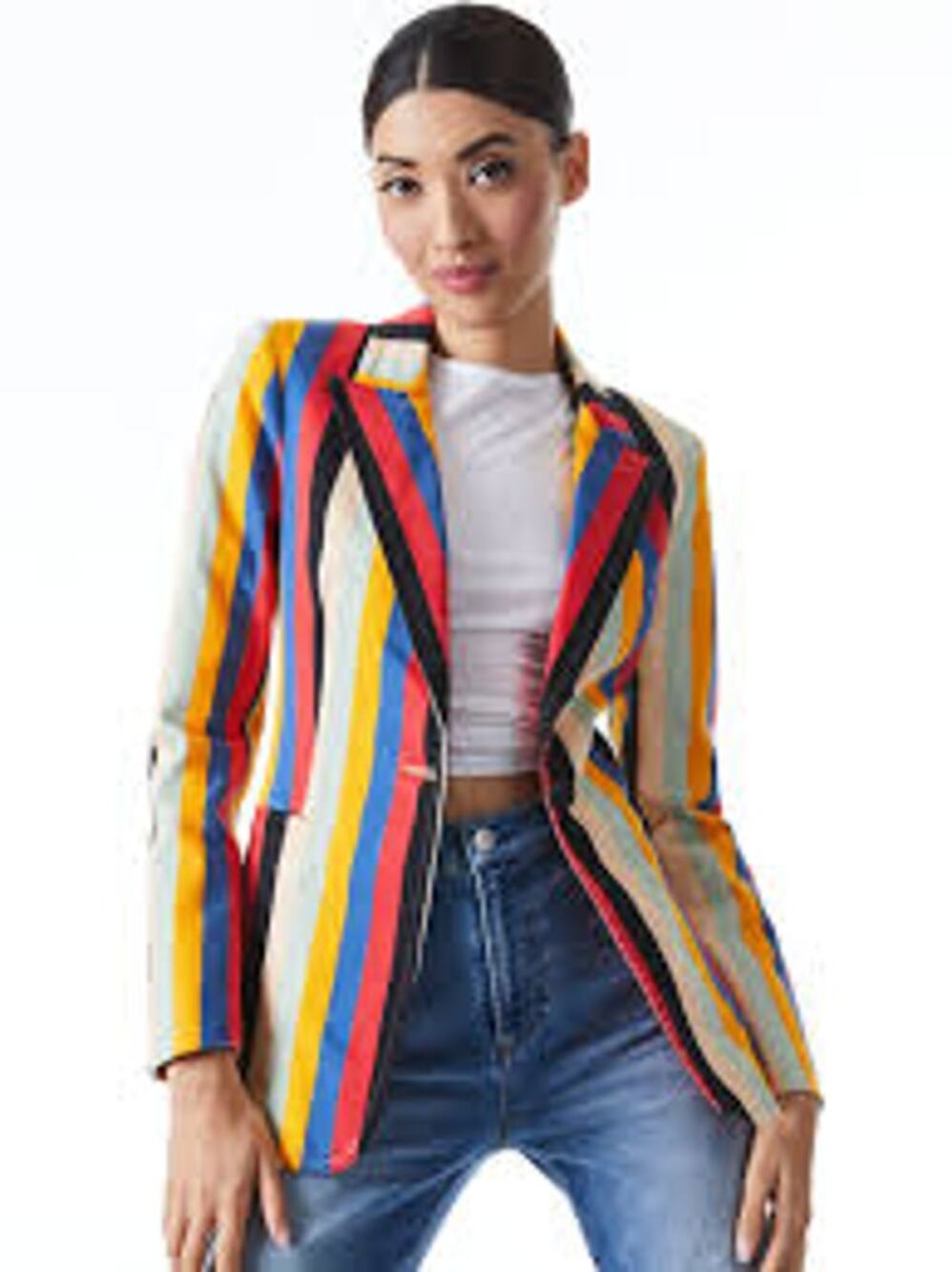 Alice + Olivia Breann Boheme Striped Red Blue Black Denim Fitted Blazer Jacket 2